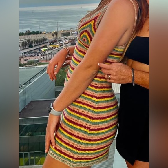 Striped Multicolor Crochet Mini Dress worn 1 time - Picture 1 of 2